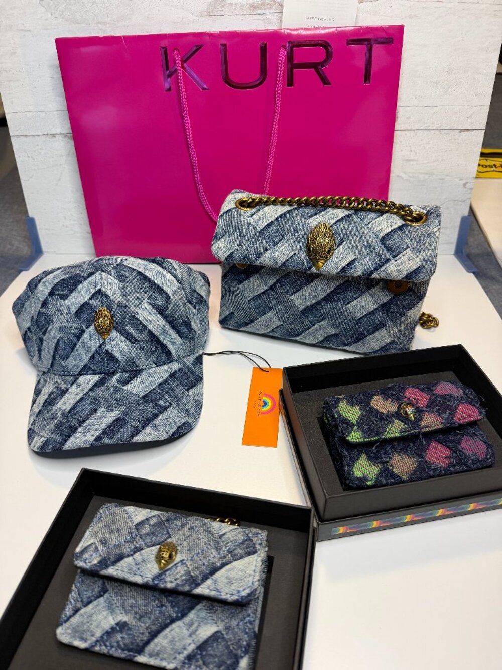 Authentic Kurt Geiger Designer LOT - Denim Quilt Bag (Med), 2 Minis, $ Hat